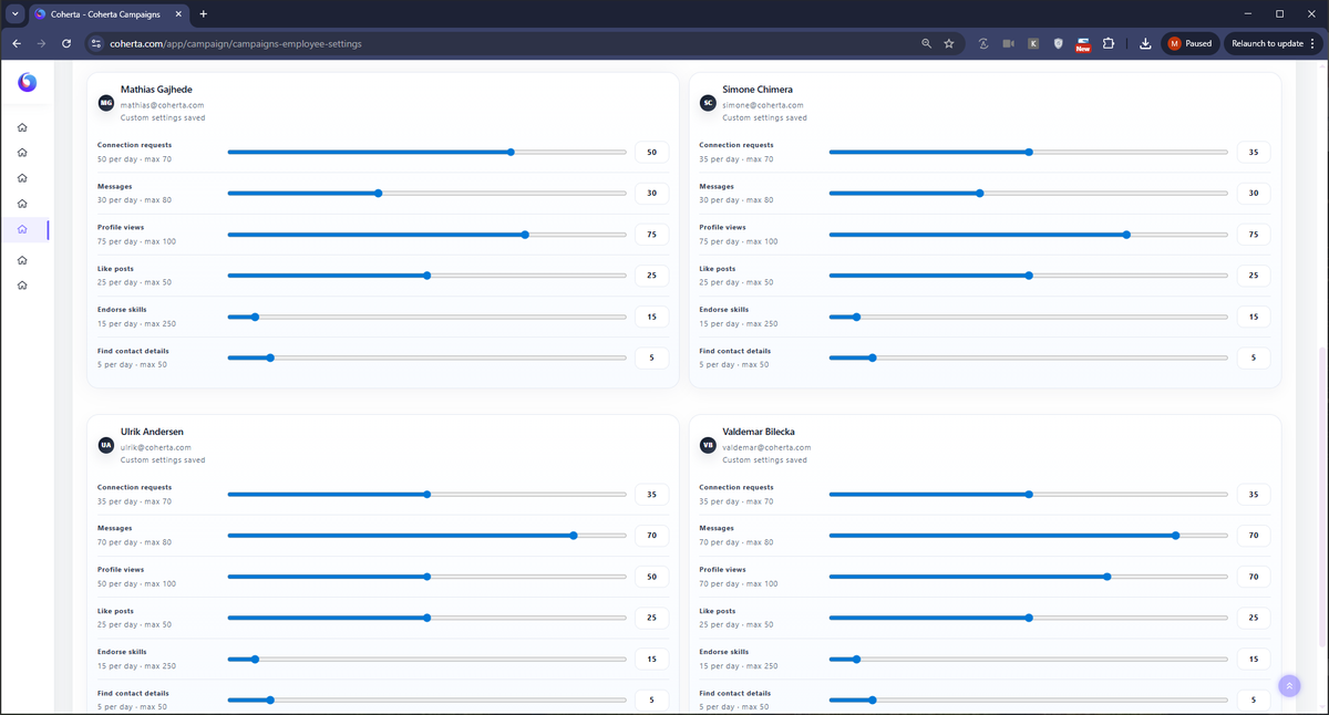 Coherta Campaigns employee settings screen