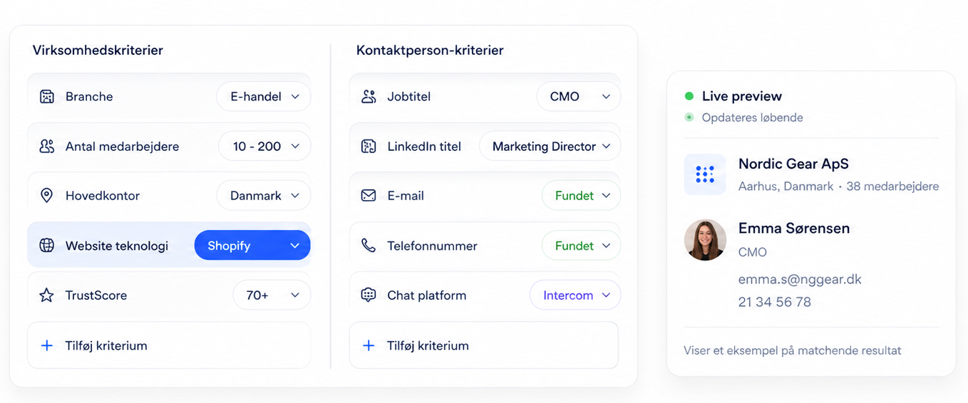Emnedatabase med filtre, bedrifter og segmenter i Coherta.